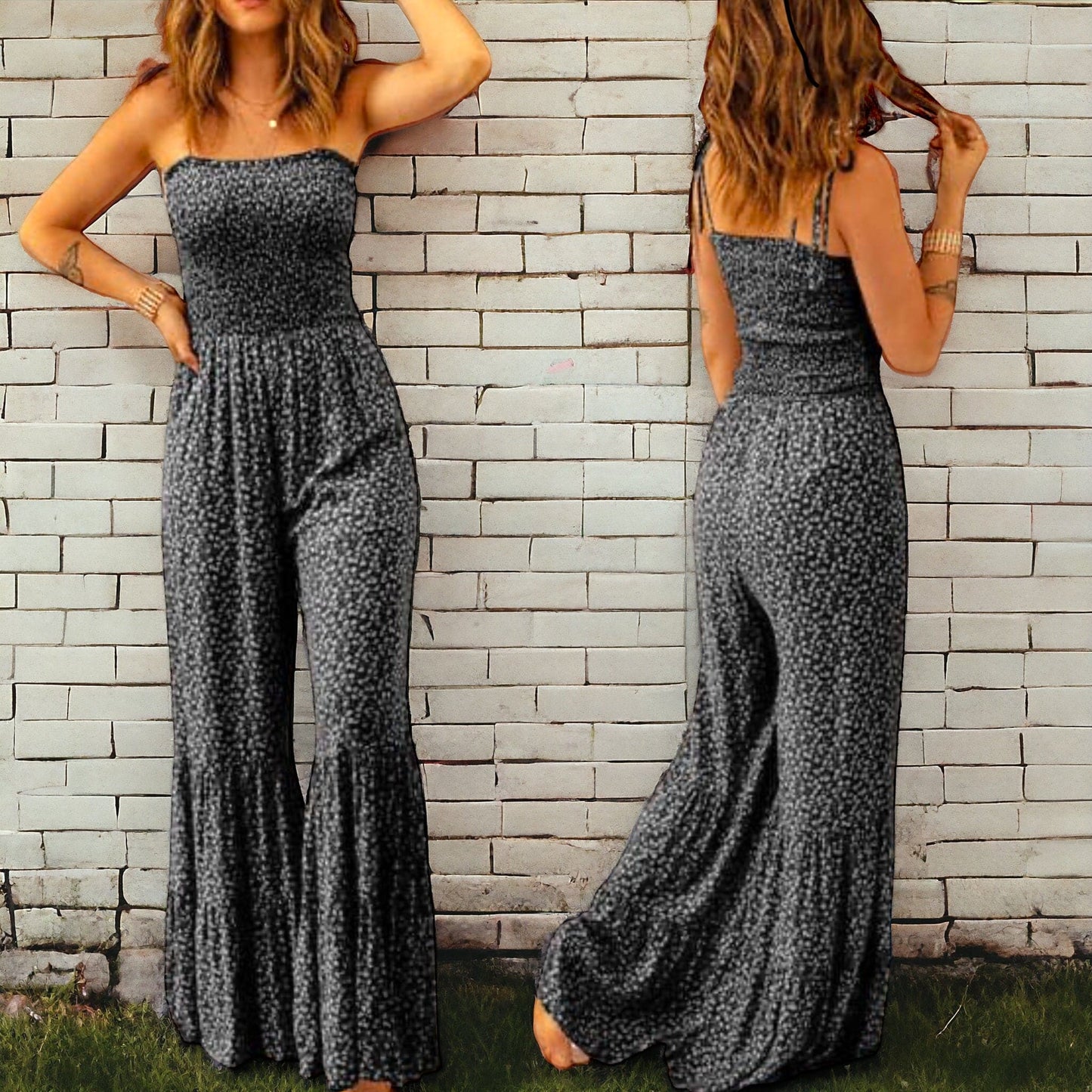 Black Floral Spaghetti Strap Wide Leg Jumpsuit