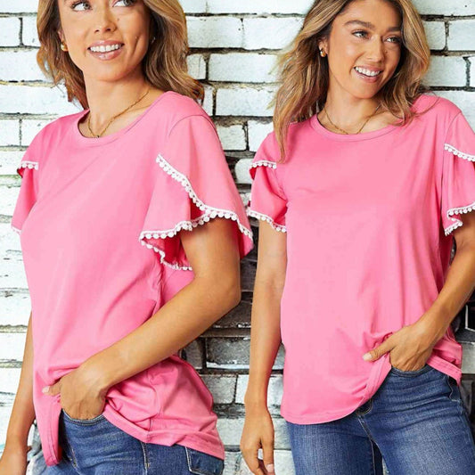 Double Take Pom-Pom Trim Flutter Sleeve Round Neck T-Shirt