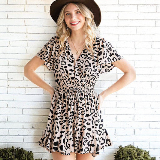 Leopard Flutter Sleeve Ruffle Hem Romper