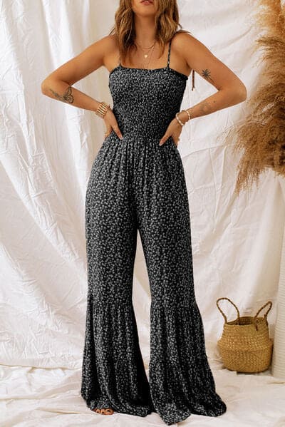 Black Floral Spaghetti Strap Wide Leg Jumpsuit